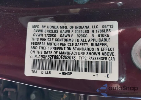 2013 Honda Civic Ex z USA, uszkodzony, nr VIN 19XFB2F89DE252078